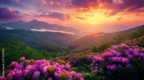 Majestic Sunset Over the Mountain With Flowers © BrandwayArt