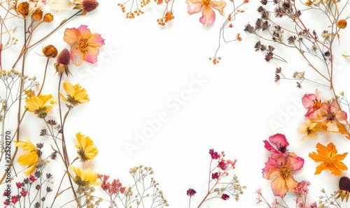Pressed dried flowers in a watercolor style on a white background.