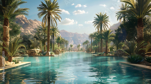 A tranquil oasis in the heart of the desert  where lush palms sway beside an emerald-green oasis pool