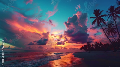Stunning Sunset Over Tropical Beach With Palm Trees