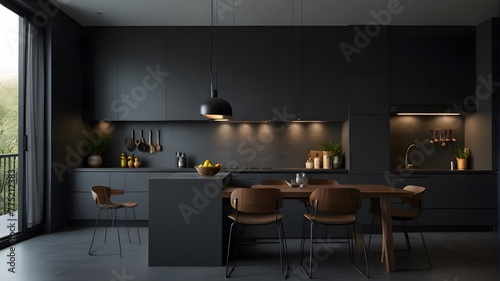 Cozy modern kitchen room interior design with dark grey wall