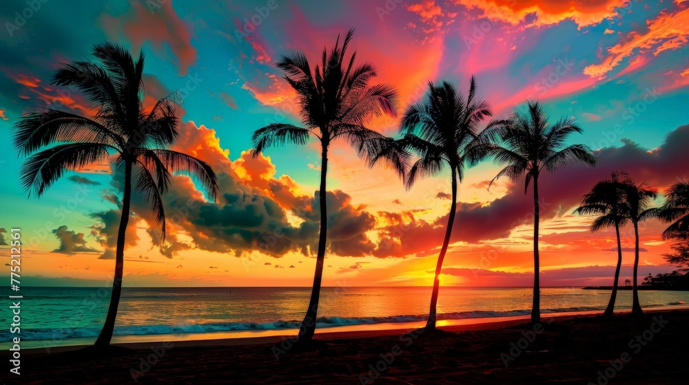 Sunset on a Beach With Palm Trees