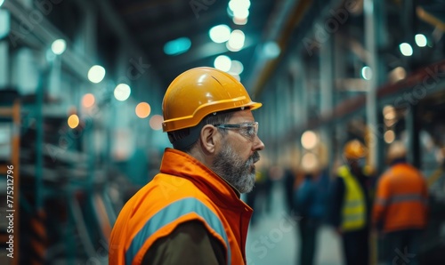 Worker with helmet working in warehouse. huge industrial warehouse with workers.