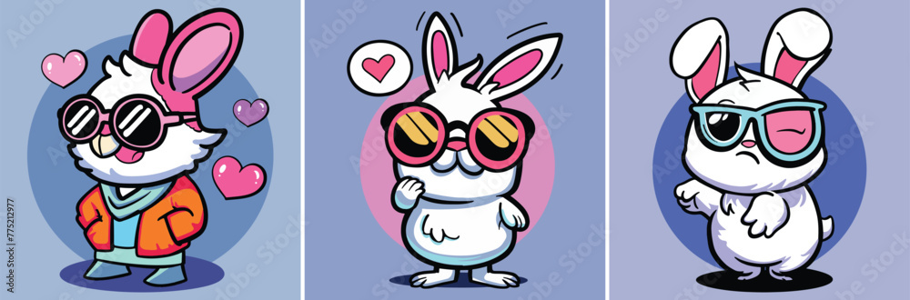 Funny cool bunny rabbit vector cartoon characters with sunglasses Funny cool bunny rabbit vector cartoon characters with sunglasses
