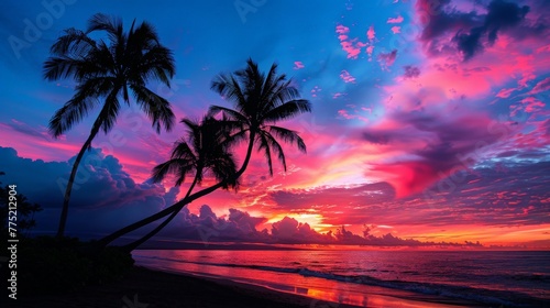 Stunning Sunset on Tropical Beach With Palm Trees © BrandwayArt