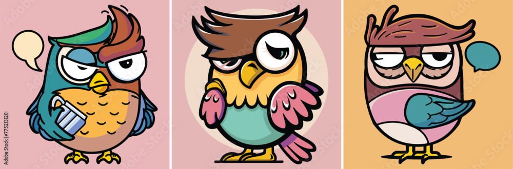 Obraz premium Funny cute owl collection cartoon characters vector illustration in pastel colors
