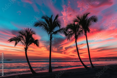 Three Palm Trees Silhouetted Against Colorful Sunset