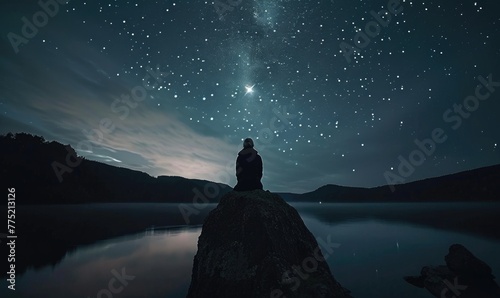 Man Standing Under night sky and stars shine in backgrounds.