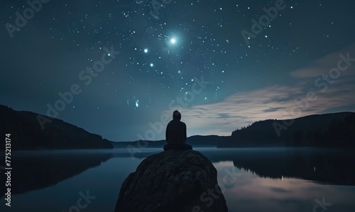 Man Standing Under night sky and stars shine in backgrounds.