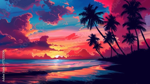 Tropical Sunset With Palm Trees © BrandwayArt
