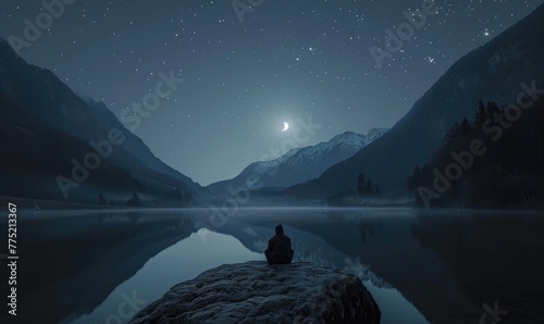 Man Standing Under night sky and stars shine in backgrounds.