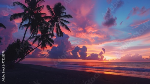 Sunset on a Tropical Beach With Palm Trees © BrandwayArt
