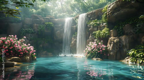 A tranquil pool at the base of a waterfall