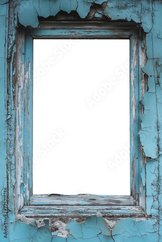Old apocalyptic wood Blue window frame. Isolated transparent background PNG. Grunge cracked and peeling paint wooden window frame cutout. Abandoned and old. Historical and dilapidated. © Mr. PNG