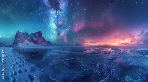 Vivid aurora borealis over frozen lake  hyperrealistic night scene with wide angle view © RECARTFRAME CH