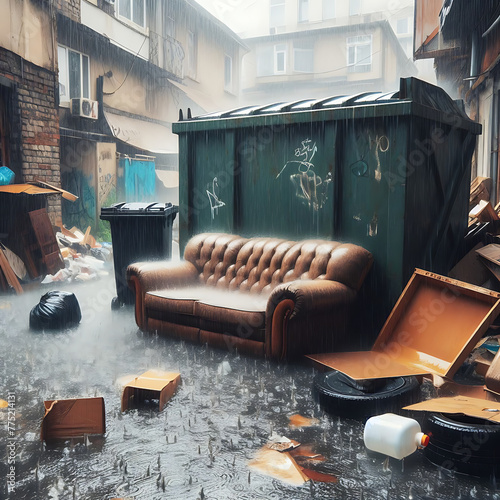 a lot of rain falling on an old sofa abandoned next to the garbage container photo