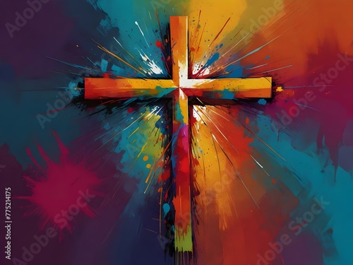 Painting colorful cross abstrac splashes of paint, new school modern christianity