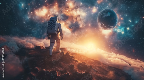 Cosmic Explorer. An astronaut stands on a rocky terrain against a backdrop of space, stars, and Earth. The celestial traveler gazes into the cosmos, a lone figure amidst the grandeur of the universe.