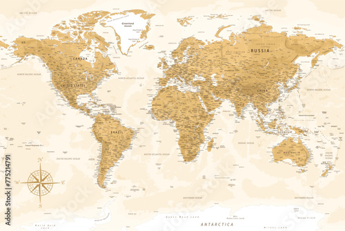 World Map - Highly Detailed Vector Map of the World. Ideally for the Print Posters. Golden Spot Beige Retro Style. With Relief and Depth