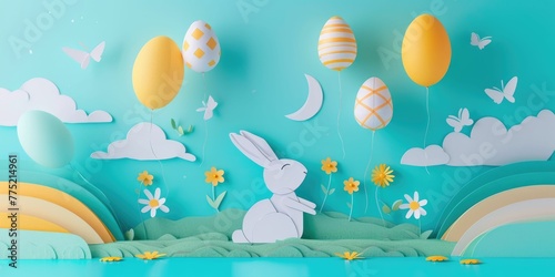 A cute paper Easter rabbit is surrounded by colorful Easter eggs  fluffy clouds  blooming flowers  and floating balloons in a joyful event of happiness AIG42E
