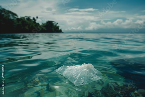 Plastic pollution in ocean waters with floating plastic bag