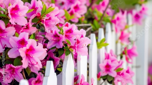 A picturesque snapshot of a vibrant pink azalea bush in bloom  gracefully leaning over a white picket fence  symbolizing the beauty of domestic gardens.