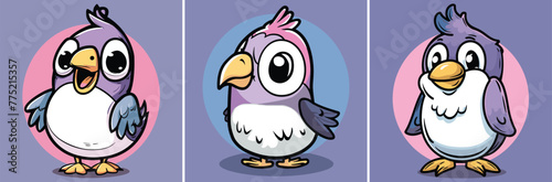 Cute happy purple bird cartoon characters in pastel colors vector illustration