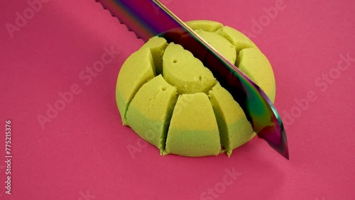 Very Satisfying and Relaxing Kinetic Sand ASMR video. Cutting anti stress macro close up colorful Kinetic Sand with a Knife. ASMR sounds.