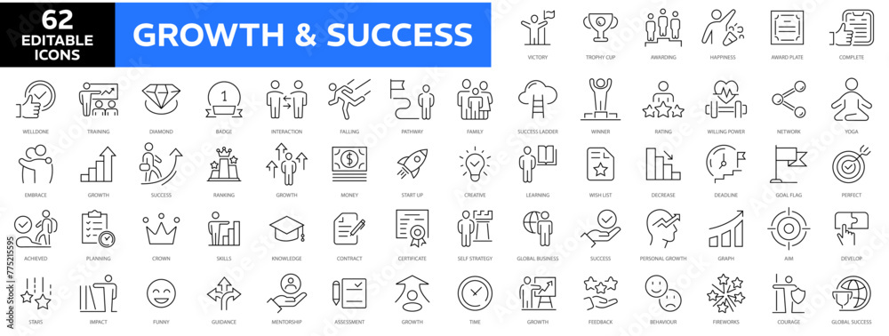 Growth & Success thin line icon set. Successful business development, plan and process symbol. Goals and Target Related. Thin outline icons pack. Vector illustration
