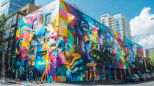 A vibrant street art mural adorning the side of a building