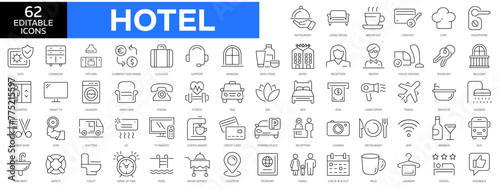 Hotel thin line icons set. Hotel service. Hospitality symbol, room, service, booking, chef, taxi, airplane and more. Simple vector illustration.