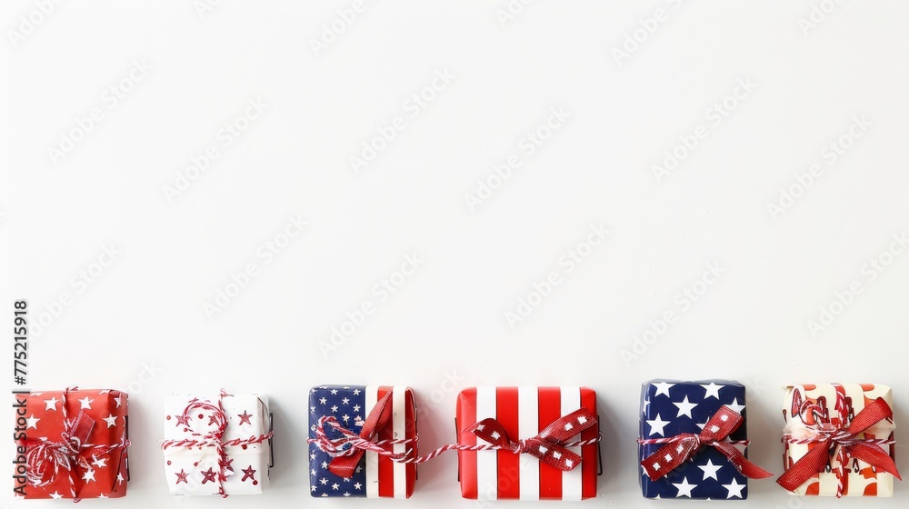 Fototapeta premium A row of assorted red and blue star-spangled gifts against a white background, conveying a festive patriotic theme.