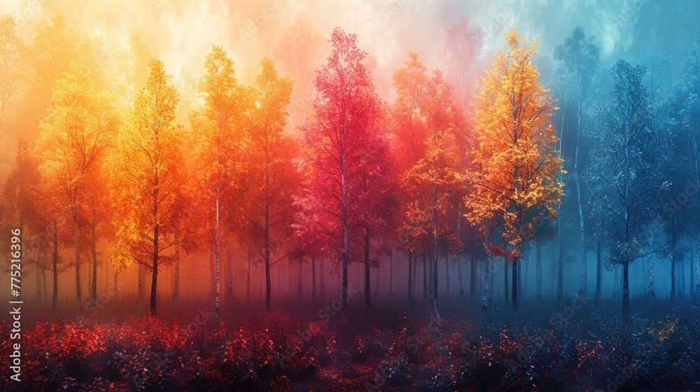 A forest where the trees glow different colors depending on the season, solid color background, 4k, ultra hd