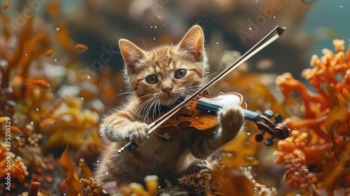 A fiddler cat playing a classical tune on a coral reef, surrounded by dancing fish, solid color background, 4k, ultra hd photo