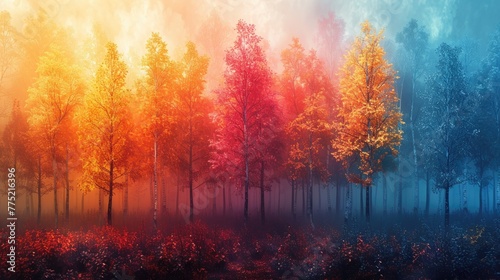 A forest where the trees glow different colors depending on the season, solid color background, 4k, ultra hd photo