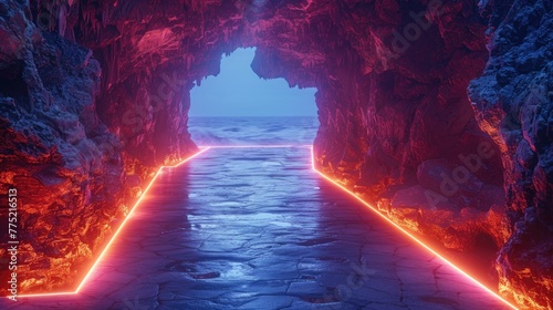 A lighted catwalk in the shape of a volcano for adventure tours, solid color background, 4k, ultra hd