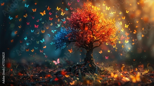 A magical tree in the forest whose leaves turn into colorful butterflies with every gust of wind, solid color background, 4k, ultra hd