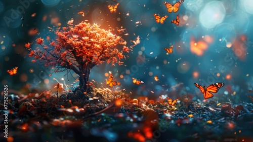 A magical tree in the forest whose leaves turn into colorful butterflies with every gust of wind, solid color background, 4k, ultra hd © Gefo