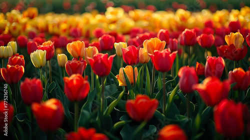 A vibrant tulip field in springtime bloom  with rows upon rows of vividly colored flowers stretching to the horizon