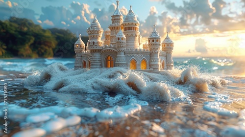 A sand castle that never crumbles, even under the waves of the ocean, solid color background, 4k, ultra hd photo