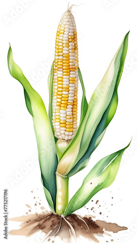 Beautiful corn plant growing on the field cutout isolated on transparent background.  Wateroclor Indian maize clipart.
 photo