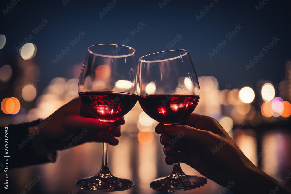 two people hands toasting with red wine glasses during a party at home ...