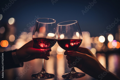two people hands toasting with red wine glasses during a party at home with a city background at night, a happy celebration concept 