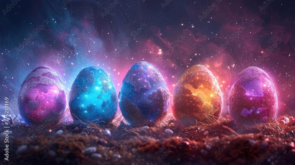 Easter eggs with cosmic designs, solid color background, 4k, ultra hd - obrazy, fototapety, plakaty 