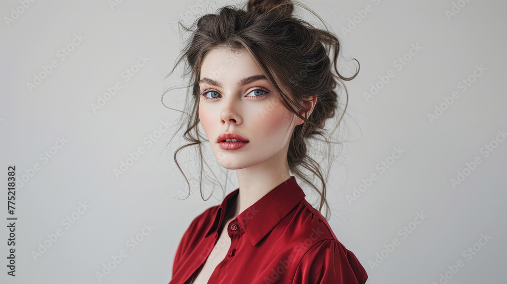 A woman with red hair and a red shirt is standing in front of a white background A woman with red hair and a red shirt is standing in front of a white background