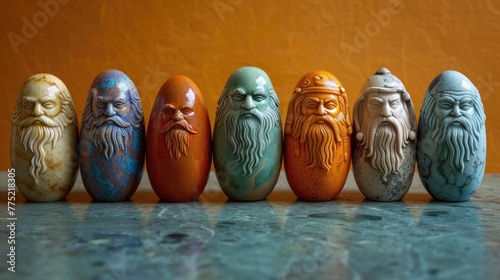 Easter eggs with images of ancient gods, solid color background, 4k, ultra hd