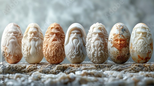 Easter eggs with images of ancient gods, solid color background, 4k, ultra hd photo