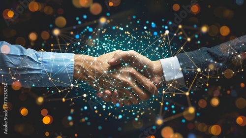 Handshake with technology network data exchanges customer connection social network concept