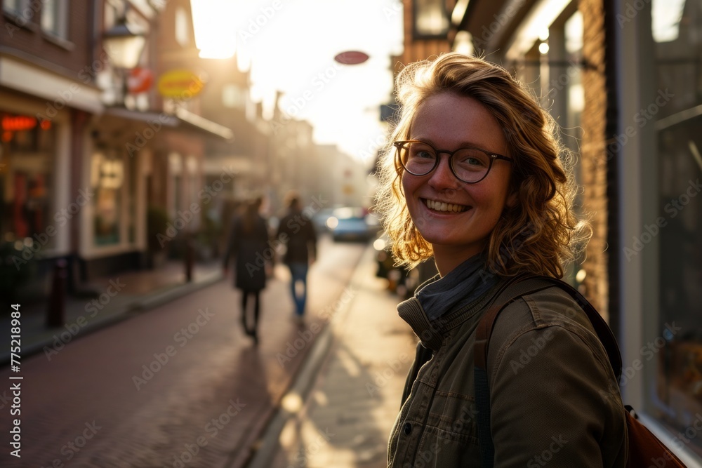 Portrait of a beautiful young woman with blond hair and eyeglasses in the city Portrait of a beautiful young woman with blond hair and eyeglasses in the city