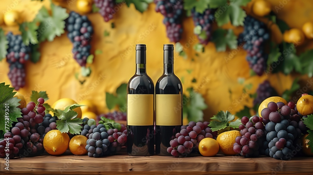 Podium with simulated vineyard for wines and beverages, solid color background, 4k, ultra hd